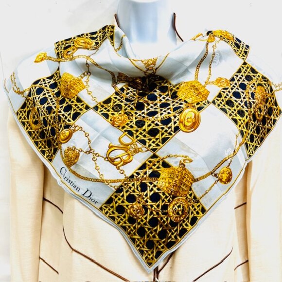 Christian Dior 100% Silk Scarf Chiffon &Satin 33"  Silver Black Gold Design(15 - Picture 1 of 10